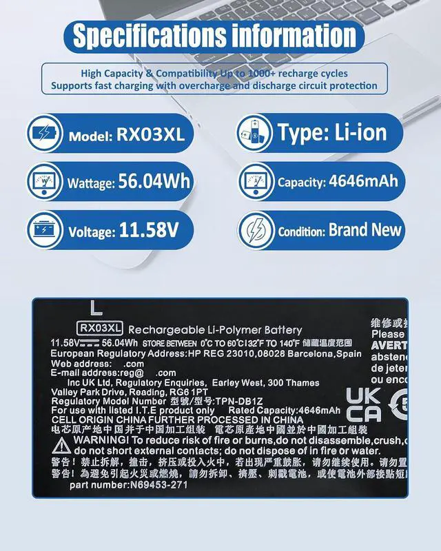 Alt view image 4 of 6 - 56.04Wh RX03XL N70706-005 Battery for HP EliteBook 640 645 630 660 G11 & ProBook 440 445 460 465 G11 Series NotebookCompatible with N78704-005 HSTNN-WB0H TPN-DB1Z - 11.58V 4646mAh Replacement