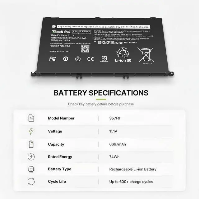 Alt view image 2 of 6 - Tanch 357F9 Laptop Battery 71JF4 Replacement for Dell INSPIRON 15 7000 7567 7559 7557 7566 11,1V 6330mAh 74Wh