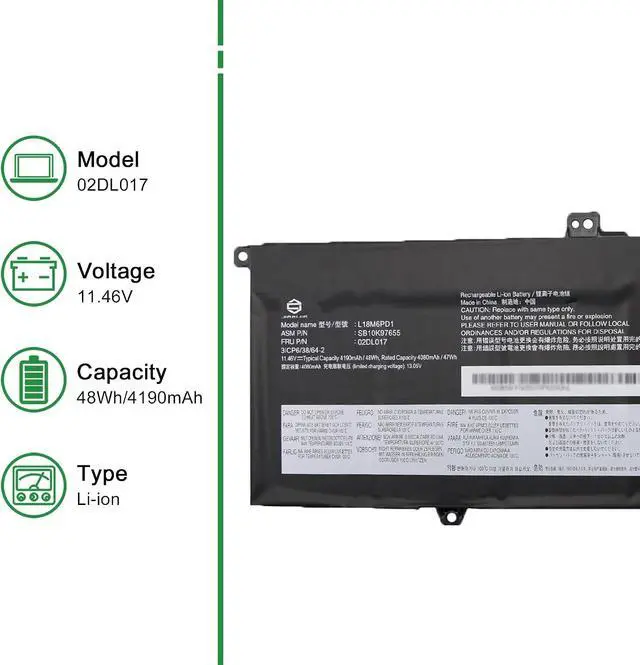 Alt view image 2 of 6 - 02DL017 L18M6PD1 SB10K97655 Laptop Battery Replacement for Lenovo ThinkPad X390 X395 X13 1st Gen 2020 Series 02DL018 L18M6PD2 SB10K97656 02DL019 L18C6PD1 02DL020 L18D6PD1 11.46V 48Wh