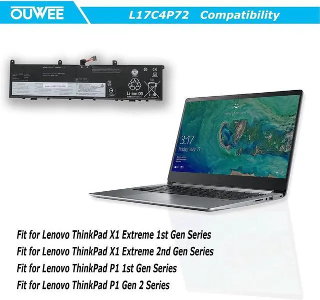 Alt view image 4 of 6 - L17C4P72 Laptop Battery Compatible with Lenovo ThinkPad X1 Extreme 1st Gen/2nd Gen ThinkPad P1 1st/2nd Gen Serie L17M4P72 01AY968 01AY969 L18M4P71 01YU911 5B10V98091 SB10Q76929 SB10Q76928 80Wh