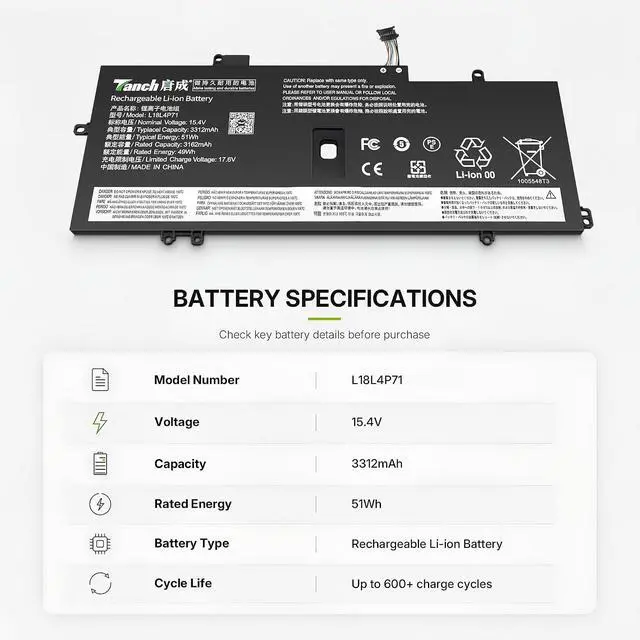 Alt view image 2 of 6 - Tanch L18L4P71 Laptop Battery for Thinkpad X1 Carbon 7th/8th Yoga 4th/5th