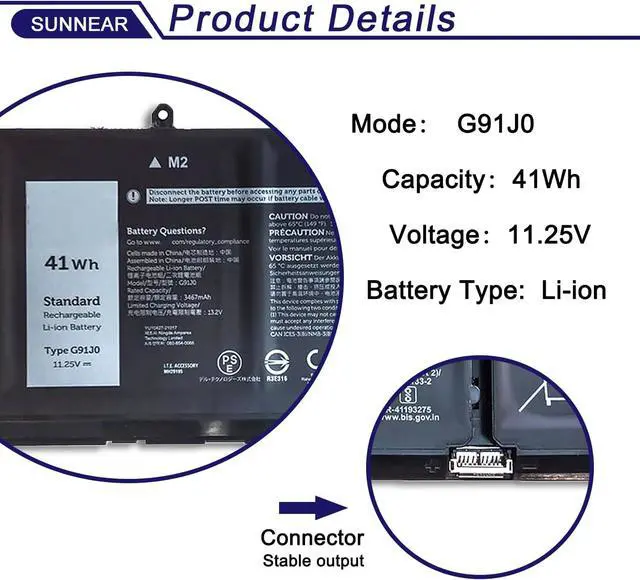 Alt view image 2 of 6 - 41Wh G91J0 Laptop Battery Dell Latitude 3520 3420 3320 3330 Inspiron 3510 3511 3515 3525 3530 5310 5410 5418 5510 5515 5518 14 Plus 7420 7415 2-in-1 Vostro 5620 5625 11.25V
