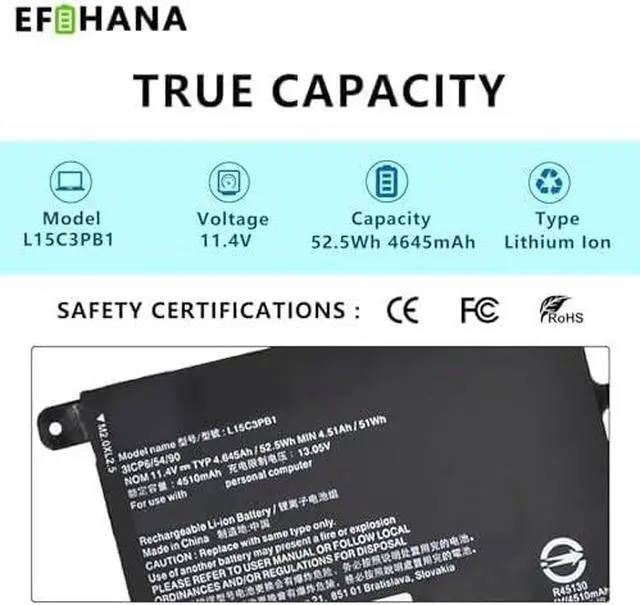 Alt view image 3 of 5 - L15C3PB1 Laptop Battery Replacement for Lenovo Ideapad 330S 330S-14IKB 330S-14AST 330S-15ARR 330S-15AST 330S-15IKB GTX1050 Series Notebook 5B10W67358 5B10Q39206 L15L3PB0 L15M3PB0 11.4V 52.5Wh 4645mAh