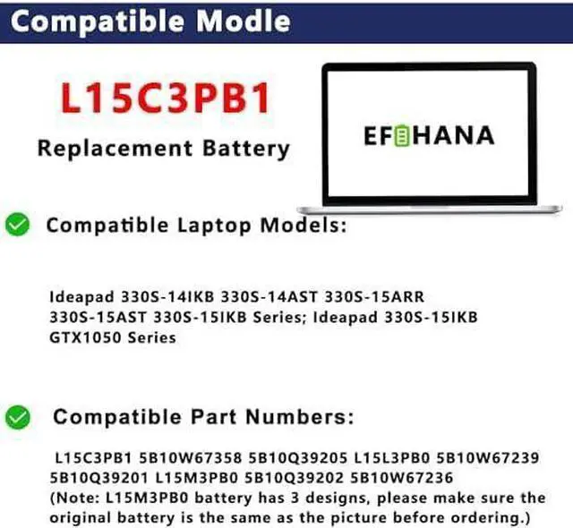 Alt view image 4 of 5 - L15C3PB1 Laptop Battery Replacement for Lenovo Ideapad 330S 330S-14IKB 330S-14AST 330S-15ARR 330S-15AST 330S-15IKB GTX1050 Series Notebook 5B10W67358 5B10Q39206 L15L3PB0 L15M3PB0 11.4V 52.5Wh 4645mAh