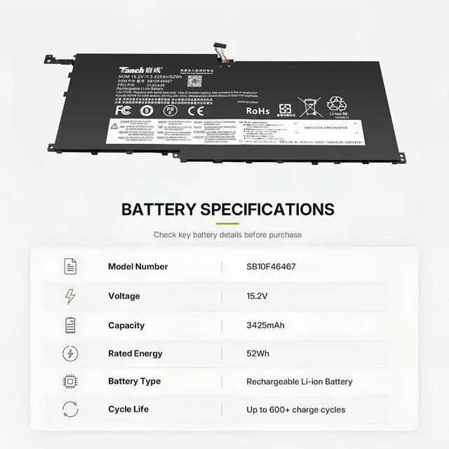 Alt view image 2 of 6 - Tanch SB10F46467 Laptop Battery for Lenovo Thinkpad X1 Carbon 4th Gen 4 2016 X1 Yoga Gen1 Gen2 Series SB10F46466 01AV409 00HW028 01AV457 01AV458