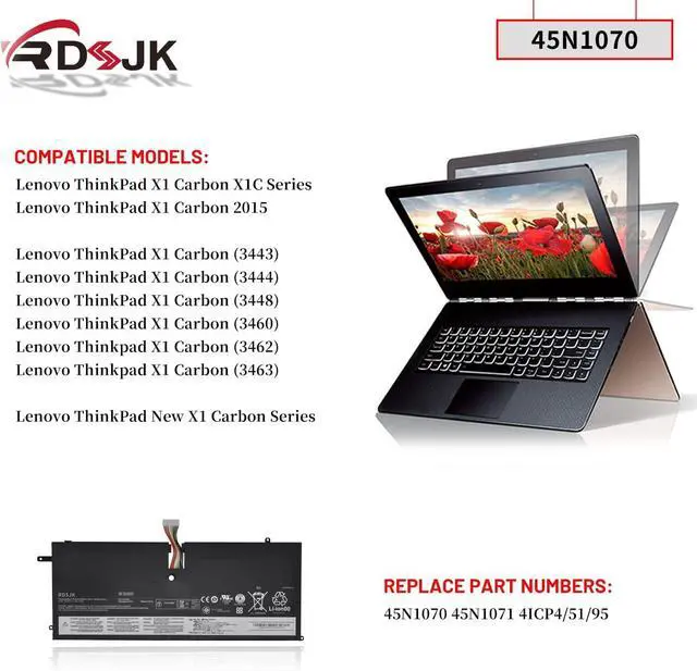 Alt view image 3 of 7 - 45N1070 45N1071 Laptop Battery for Lenovo ThinkPad X1 Carbon 1st Gen 2013 2014 2015 3443 3444 3448 3460 3462 3463 X1C 3460-CLG 3444-2GU 3444-55U X1Carbon Series 4ICP4/51/95 14.8V 46Wh