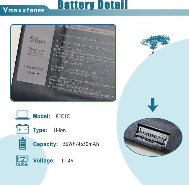 Alt view image 2 of 7 - 8FCTC Battery Replacement for Dell Alienware M15 R3 R4 R5 R6 R7 M17 R3 Precision 5550 5560 5570 XPS 15 9500 9510 G15 5520 5510 Inspiron 5620 7510 7610 Vostro 7510 7620 Series SB10T83121