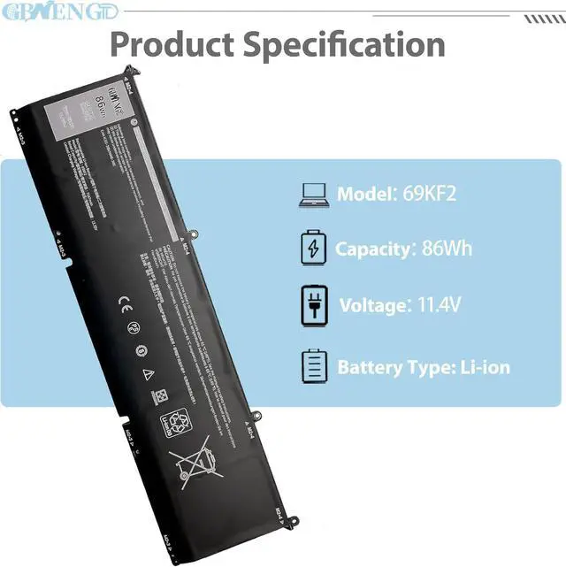 Alt view image 2 of 7 - 69KF2 Laptop Battery Replacement for Dell G7 15 7500 G15 5510 5511 5520 XPS 15 9500 9510 9520 Inspiron 7510 7610 7620 Precision 5550 5560 5570 Alienware M15 R3 R4 R5 R6 R7 6cells