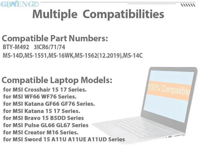 Alt view image 5 of 7 - BTY-M492 Laptop Battery Replacement for MSI WF66 WF67 11UI 11UJ Crosshair 15 17 A11UCK Katana GF66 GF76 11UC 15 17 Bravo 15 B5DD Pulse GL66 GL76 11UDK Sword 15 A11U Series 3-Cell