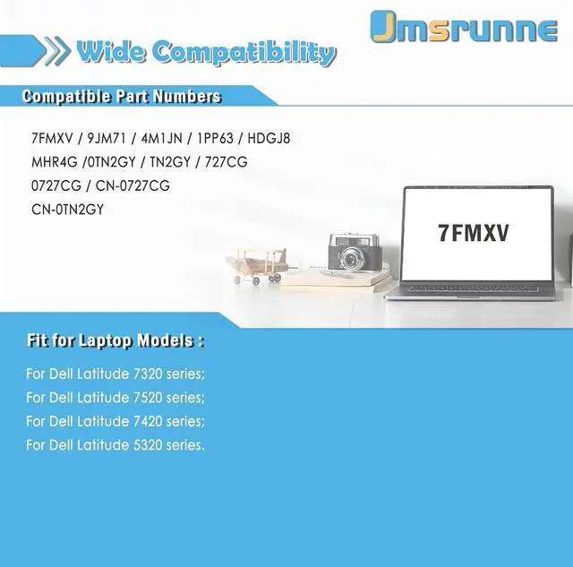 Alt view image 5 of 7 - 63Wh 7FMXV Laptop Battery Replacement for Latitude 7320 7520 7420 5320 Latitude (5320 7320 7420) 2-in-1 Series 9JM71 4M1JN TN2GY 0TN2GY 1PP63 727CG HDGJ8 MHR4G CN-0TN2GY CN-0727CG 15.2V