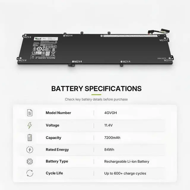 Alt view image 2 of 6 - Tanch Laptop Battery 6J3VQF2 4GVGH 1P6KD Replacement for Dell XPS 15 9550 Precision 5510 11.1V 7600mAh 84Wh