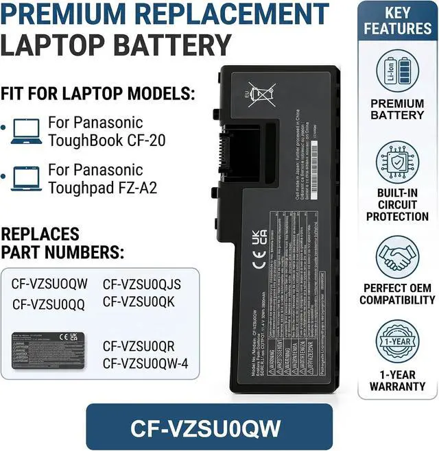 Alt view image 2 of 6 - CF-VZSU0QW Battery Replacement for Panasonic Toughbook CF-20 & Toughpad FZ-A2 CF-VEK20 Series, CF-20A0205NG FZ-A2A203CA3, Fits CF-VZSU0QJS CF-VZSU0QK CF-VZSU0QQ CF-VZSU0QR