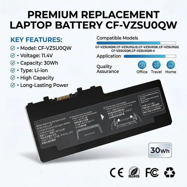 Alt view image 3 of 6 - CF-VZSU0QW Battery Replacement for Panasonic Toughbook CF-20 & Toughpad FZ-A2 CF-VEK20 Series, CF-20A0205NG FZ-A2A203CA3, Fits CF-VZSU0QJS CF-VZSU0QK CF-VZSU0QQ CF-VZSU0QR