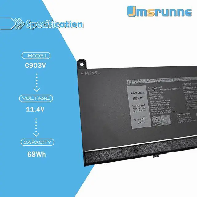 Alt view image 2 of 7 - 68Wh C903V Laptop Battery Replacement for Dell Precision 7750 7760 7550 7560 Series Notebook PKWVM 068N03 0447VR 0CR72X CR72X 11.4V 5667mAh