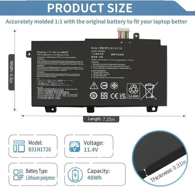 Alt view image 2 of 7 - B31N1726 11.4V 48Wh Laptop Battery for ASUS TUF Gaming FX504 FX504G FX504GD FX504GE FX504GM FX505 FX505DT FX505DV FX505DU FX505DY FX505GT FX505GE FX505GD FX505GM FX80 FX80G FX80GD FX80GE FX80GM FX86