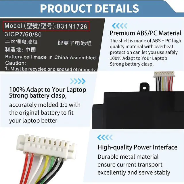 Alt view image 4 of 7 - B31N1726 11.4V 48Wh Laptop Battery for ASUS TUF Gaming FX504 FX504G FX504GD FX504GE FX504GM FX505 FX505DT FX505DV FX505DU FX505DY FX505GT FX505GE FX505GD FX505GM FX80 FX80G FX80GD FX80GE FX80GM FX86