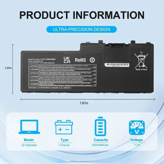 Alt view image 3 of 7 - CF-VZSU0QW CF-20 CF20 Battery Replacement for Panasonic ToughBook Toughpad FZ-A2 Mk1 Tablet PC XP CF-VZSU0QJS CF-VZSU0QK CF-VZSU0QR CF-VEK20 11.4V 2600mAh 30Wh