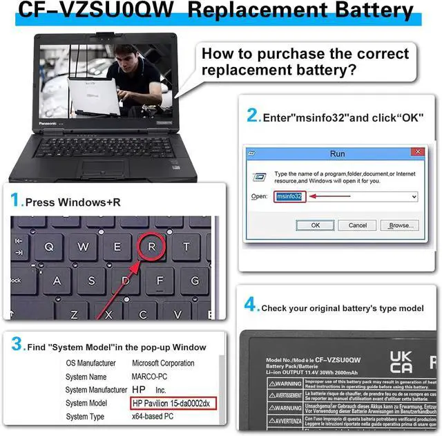 Alt view image 6 of 7 - CF-VZSU0QW CF-20 CF20 Battery Replacement for Panasonic ToughBook Toughpad FZ-A2 Mk1 Tablet PC XP CF-VZSU0QJS CF-VZSU0QK CF-VZSU0QR CF-VEK20 11.4V 2600mAh 30Wh