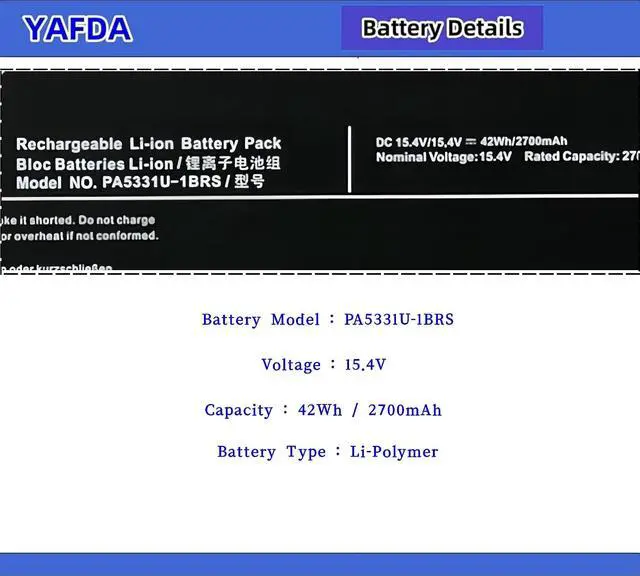 Alt view image 3 of 5 - PA5331U-1BRS Laptop Battery Replacement for Toshiba Dynabook Portege A30-E X30L-G R30-A R30-E/Dynabook Portege Terca A30-G A30-E-102 A40-G A40-E A40-E-155 Series PA5331U