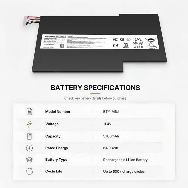Alt view image 2 of 6 - Tanch BTY-M6J Laptop Battery for MSI WS63 WS63VR GS63VR GS73 GS73VR