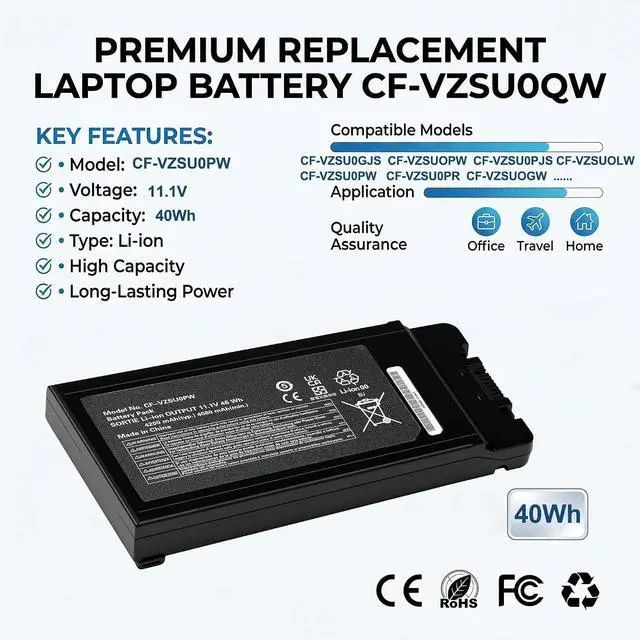 Alt view image 2 of 5 - CF-VZSU0PR CF-VZSU0PW Laptop Battery for Panasonic Toughbook CF-54 Mk1 Mk2 Mk3 Series, Fits CF-54F9001KM CF-VZSU0GW CF-VZSU0KR, Compatible with CF54 Lite/Performance/Prime/Gloved Multi Touch