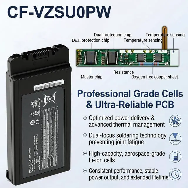 Alt view image 3 of 5 - CF-VZSU0PR CF-VZSU0PW Laptop Battery for Panasonic Toughbook CF-54 Mk1 Mk2 Mk3 Series, Fits CF-54F9001KM CF-VZSU0GW CF-VZSU0KR, Compatible with CF54 Lite/Performance/Prime/Gloved Multi Touch