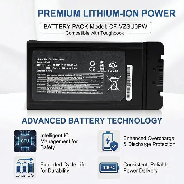 Alt view image 4 of 5 - CF-VZSU0PR CF-VZSU0PW Laptop Battery for Panasonic Toughbook CF-54 Mk1 Mk2 Mk3 Series, Fits CF-54F9001KM CF-VZSU0GW CF-VZSU0KR, Compatible with CF54 Lite/Performance/Prime/Gloved Multi Touch