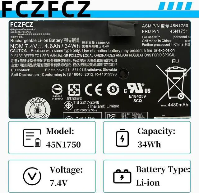 Alt view image 3 of 7 - 45N1750 Battery 34Wh 4600mAh Replacement for Lenovo ThinkPad 11e 20DA 20E6 20E8 20ED 20EE / Chromebook 20DB 20DU / Yoga 11e 20E5 20E7 20D9 Series 45N1751 45N1748 45N1749 7.4V 4-Cell