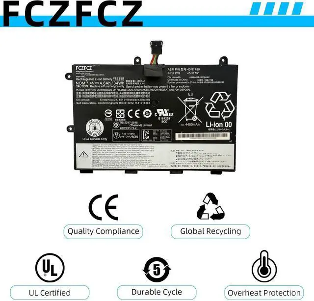 Alt view image 5 of 7 - 45N1750 Battery 34Wh 4600mAh Replacement for Lenovo ThinkPad 11e 20DA 20E6 20E8 20ED 20EE / Chromebook 20DB 20DU / Yoga 11e 20E5 20E7 20D9 Series 45N1751 45N1748 45N1749 7.4V 4-Cell