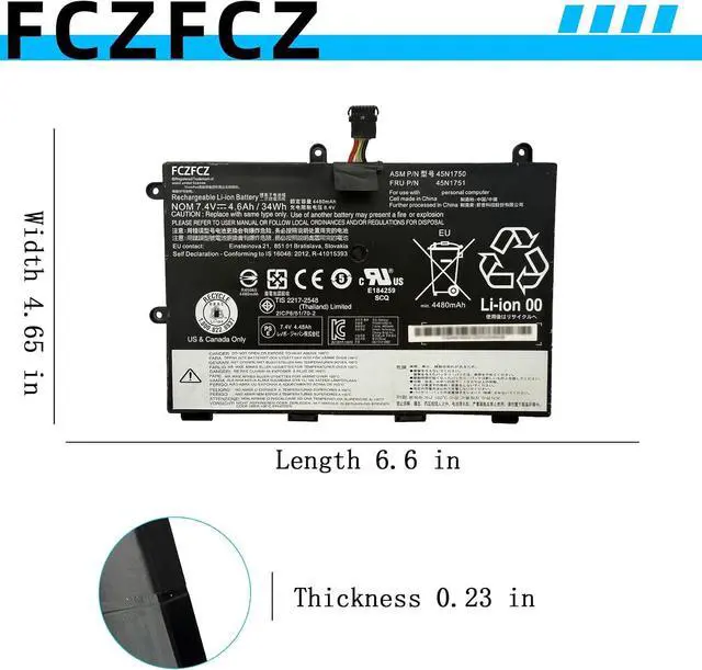 Alt view image 7 of 7 - 45N1750 Battery 34Wh 4600mAh Replacement for Lenovo ThinkPad 11e 20DA 20E6 20E8 20ED 20EE / Chromebook 20DB 20DU / Yoga 11e 20E5 20E7 20D9 Series 45N1751 45N1748 45N1749 7.4V 4-Cell
