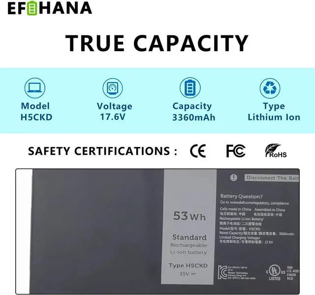 Alt view image 4 of 7 - 53Wh H5CKD Laptop Battery for Dell Latitude 3410 3510 Vostro 5300 5301 5401 5501 5402 Inspiron 5300 5401 5408 5409 5501 5508 5400 5406 5509 7405 7300 7500 7306 7405 7506 2-in-1 Silver Edition 7T8CD