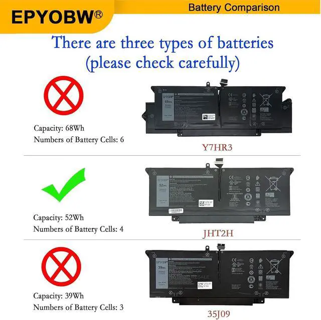 Alt view image 3 of 7 - JHT2H Battery 52Wh 6500mAh 7.6V Y7HR3 35J09 4V5X2 HRGYV WY9MP XMV7T
