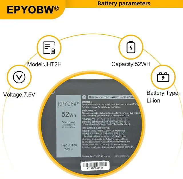 Alt view image 4 of 7 - JHT2H Battery 52Wh 6500mAh 7.6V Y7HR3 35J09 4V5X2 HRGYV WY9MP XMV7T