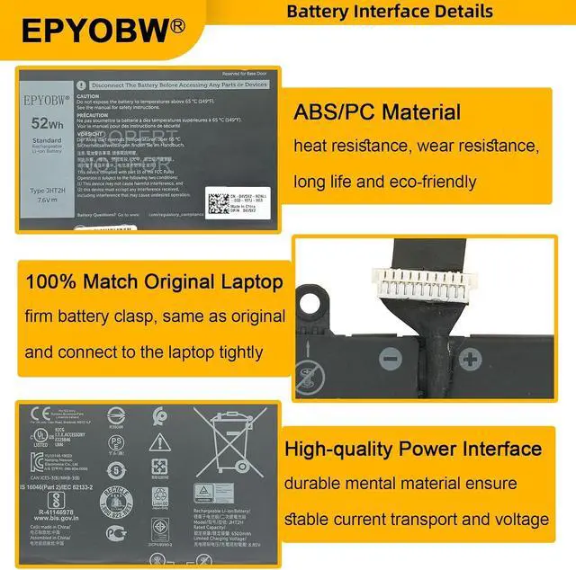 Alt view image 5 of 7 - JHT2H Battery 52Wh 6500mAh 7.6V Y7HR3 35J09 4V5X2 HRGYV WY9MP XMV7T