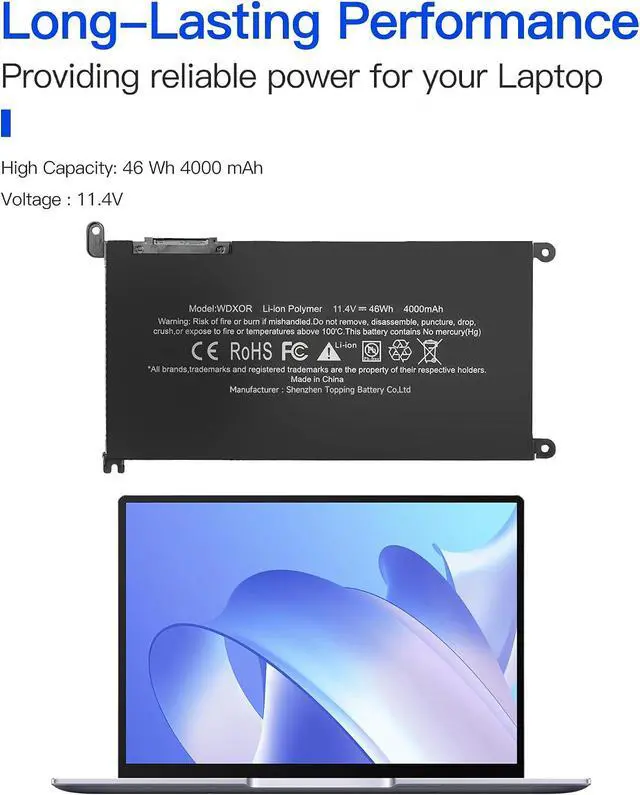 Alt view image 2 of 4 - WDXOR Laptop Battery for Dell Inspiron 13 5368 5378 5379 7368 7378 15 5565 5567 5568 5578 5580 7560 7569 7570 Latitude 3500 3580 3590 Vostro 14 5468 Vostro 15 5568 WDX0R