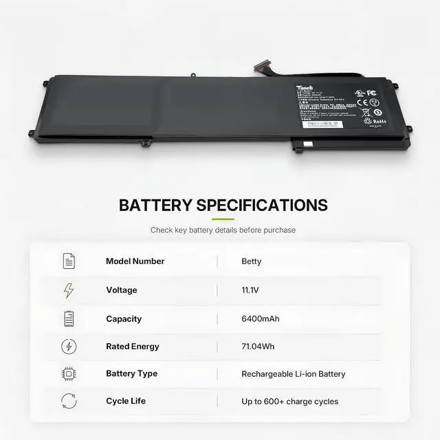 Alt view image 2 of 6 - Tanch Genuine Betty Laptop Battery for Razer Blade Razer 14 Blade Razer 14(2015) Blade 14 INCH(2015) 11.1V 6400mAh 71.04W