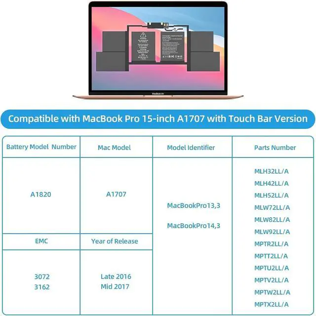 Alt view image 2 of 6 - A1707 A1820 Laptop Battery for MacBook Pro 15 inchLate 2016 Mid 2017 Touch Bar Version Model A1707