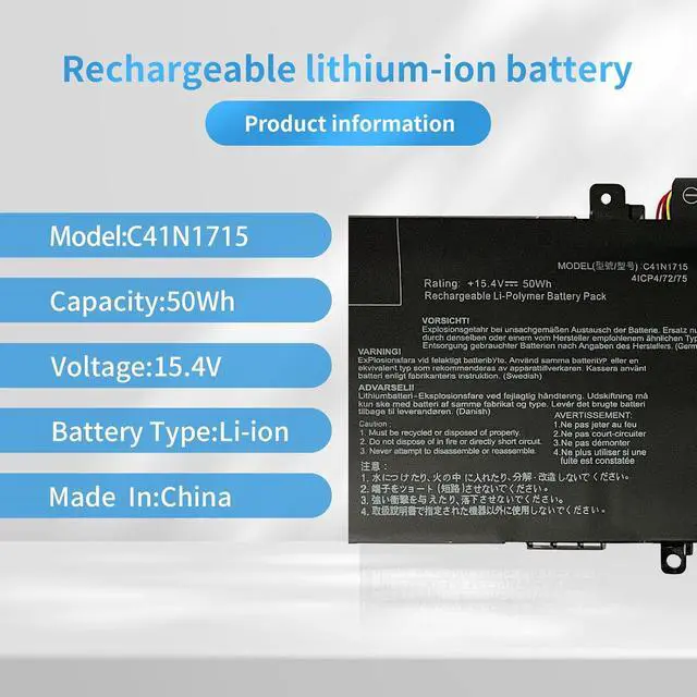 Alt view image 2 of 6 - Hubei C41N1715 0B200-02760000 4ICP4/72/75 Laptop Battery Replacement for Asus Zenbook 13 UX331UA UX331UA-1A UX331UA-1E UX331UN UX331FN U3100FN U3100UN Series(15.4V 50Wh 3160mAh)