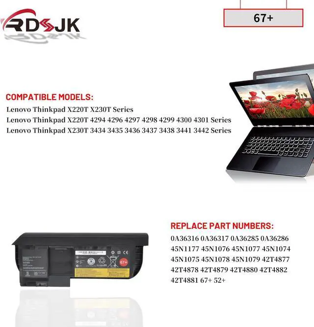 Alt view image 3 of 7 - 67+ Laptop Battery for Lenovo ThinkPad X230T(X230 Tablet) X220T X220i 52+ 0A36316 0A36317 45N1074 45N1075 45N1076 45N1077 45N1078 45N1079 45N1177 42T4880 42T4881 42T4882 11.1V 63Wh (Not fit X220 X230)