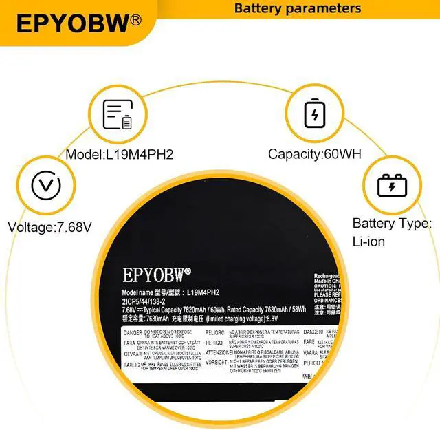 Alt view image 3 of 6 - L19M4PH2 Laptop Battery 60Wh 7820mAh 4-Cell 7.68V Compatible with Lenovo Ideapad Yoga 9-14ITL5 82BG Series L19C4PH2