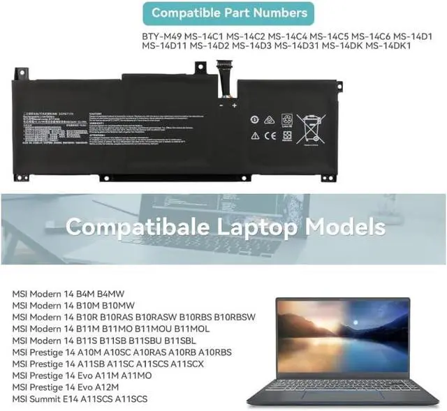 Alt view image 4 of 7 - MULS BTY-M49 Laptop Battery for MSI Modern 14 B10M B10RAS B10RASW B11SB