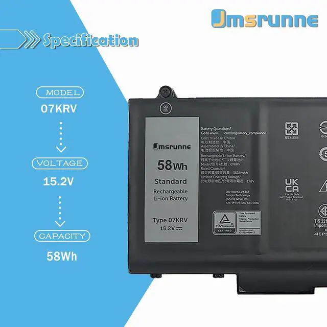 Alt view image 2 of 7 - 58Wh 07KRV Laptop Battery Replacement for Dell Recision 3570 P104F P104F005 P137G005 P137G Latitude 3570 5430 5330 5530 Series Notebook O7KRV H4PVC 0H4PVC 15.2V