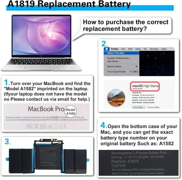 Alt view image 5 of 6 - A1819 A1706 Replacment Battery for MacBook Pro 13 inch Late 2016 Mid 2017 with Touch Bar Version Model A1706 EMC 3071 3163 MLH12LL/A MPXV2LL/A MLVP2LL/A MNQF2LL/A MNQG2LL/A Capacity 49.2Wh