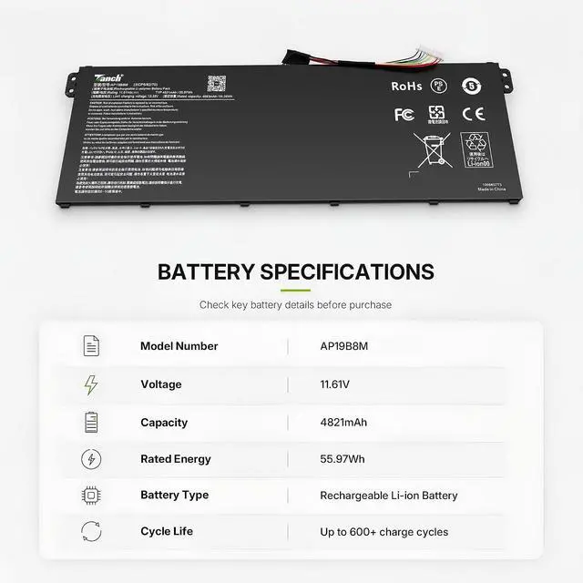 Alt view image 2 of 6 - Tanch AP19B8M Laptop Battery for Acer SF314-59 511 512 MP414-51 Series