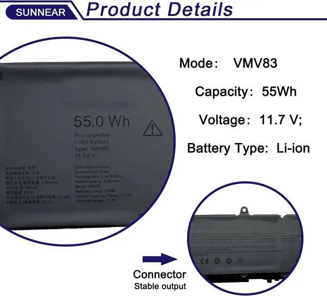 Alt view image 2 of 5 - VMV83 Laptop Battery for Dell Pro 13 Plus PB13250 14 PC14250 Plus PB14255 PB14250 PRO 16 PC16250 Plus PB16255 PB16250 Series R2NVN 0M9HTK M9HTK 60GY0 CGR6V 001WEF 55JWC 55Wh 4700mAh