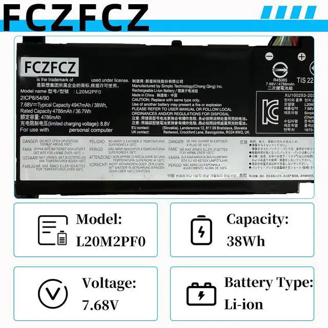 Alt view image 3 of 6 - L20M2PF0 Battery 38Wh Replacement for Lenovo IdeaPad 3-14ABA7 3-14ADA6 3-15ALC6 3-15IAU7 3-17IRU7 3-17ITL6 / V14 G2-ALC / V15 G3-ABA / V17 G2-ITL Series L20L2PF0 L20B2PF0 L20C2PF0 7.68V