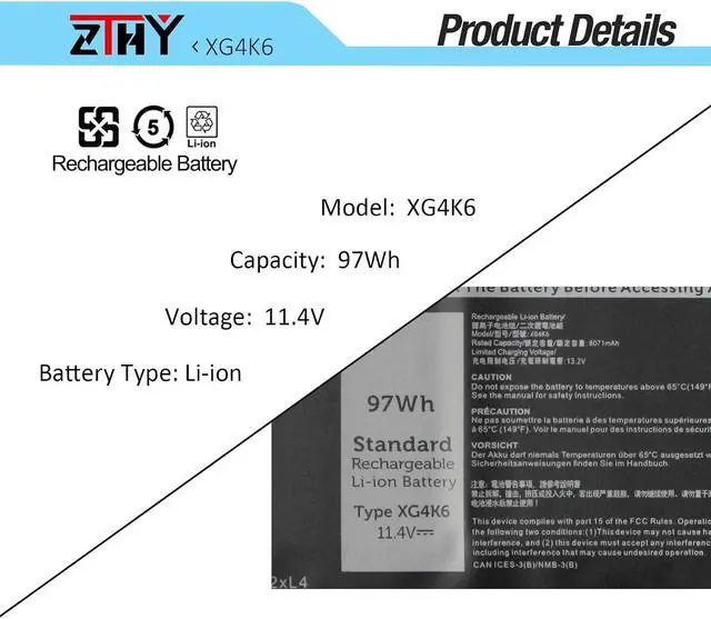 Alt view image 2 of 7 - ZTHY XG4K6 Laptop Battery Replacement for Dell XPS 17 9700 9710 9720 9730