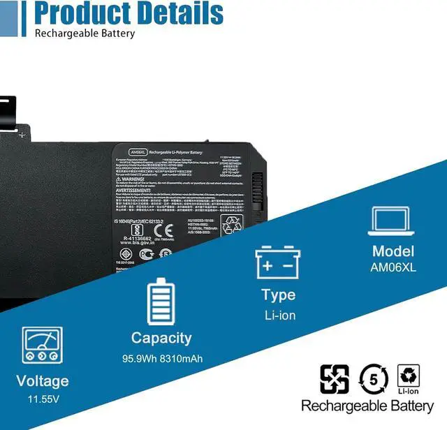 Alt view image 2 of 6 - AM06XL Laptop Battery Replacement for HP Z Book 17 G5 G6 Series HSTNN-IB8G L07350-1C1 L07044-855 AM06095XL HSN-Q12C 11.55V 95.9Wh 8310mAh