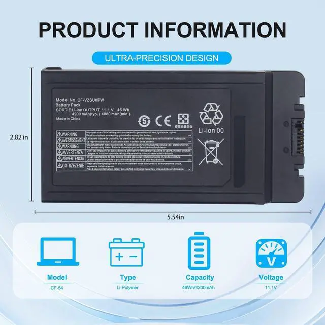 Alt view image 2 of 6 - CF-VZSU0PW CF-VZSU0PR 46Wh 4200mAh Extended Battery Replacement for PANASONIC TOUGHBOOK CF54 CF-54 Mk1 Series 54 Gloved Multi Touch, 54 Lite, 54 Performance, 54 Prime