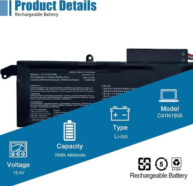 Alt view image 2 of 6 - C41N1908 Laptop Battery Replacement for Asus ROG Zephyrus G14 GA401 GA401Q GA401II GA401IU GA401IV GA401IVC GA401IH GA401QC GA401QH Series C41PQ05 15.4V 76Wh 4940mAh